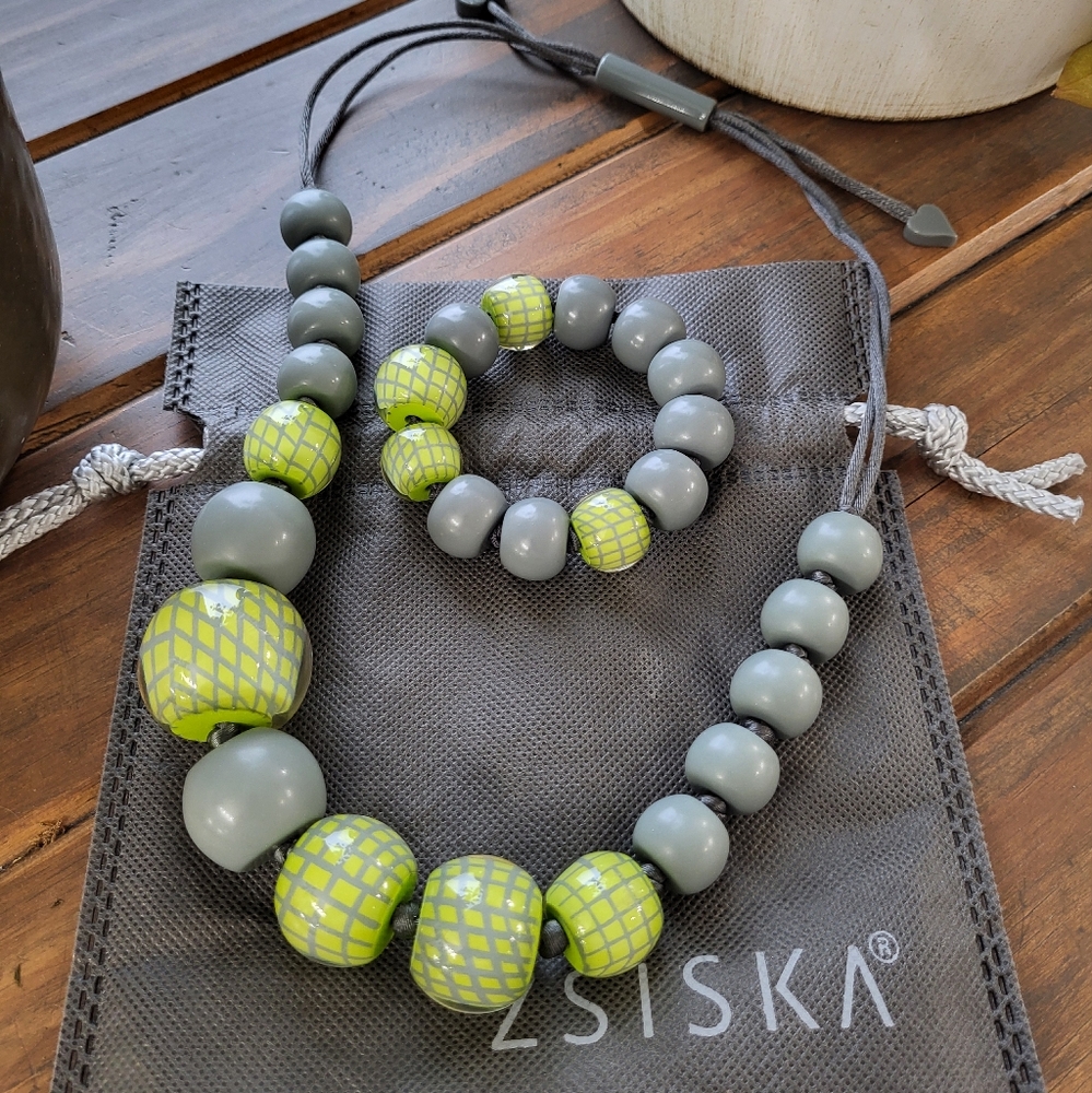 ZSISKA Necklace and Bracelet Set - Gray and Green